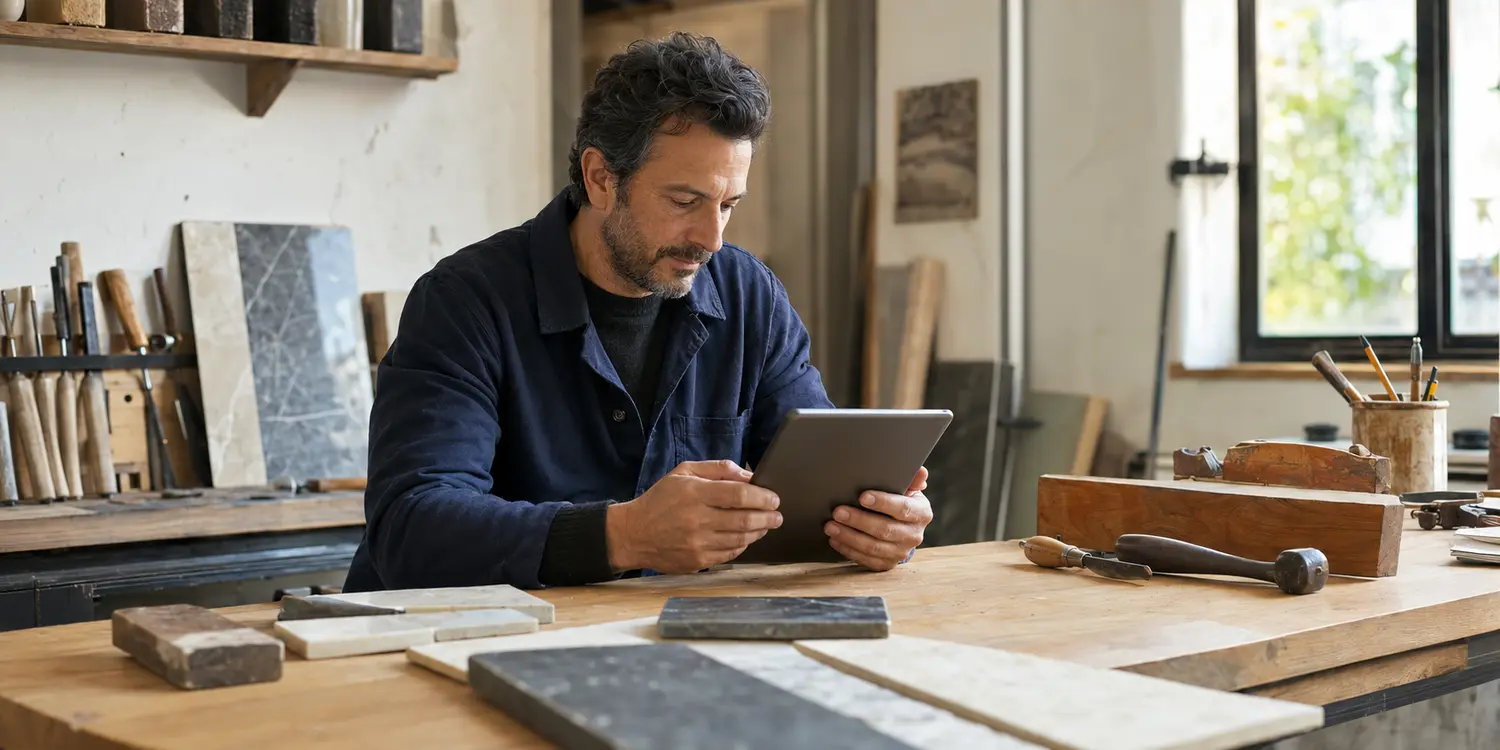 Tradesperson viewing a professional website on a tablet