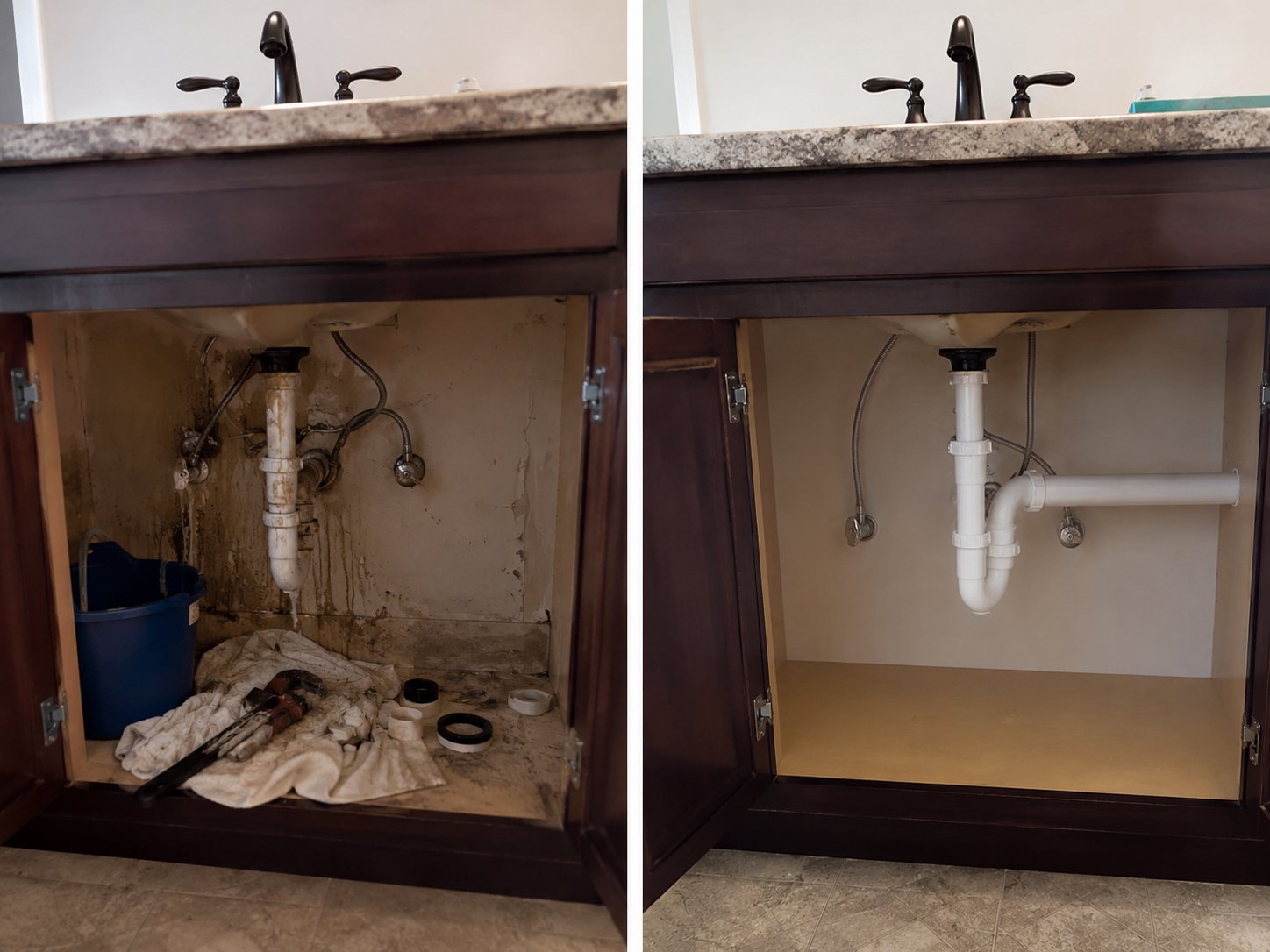Prima e dopo riparazione idraulica sotto lavabo